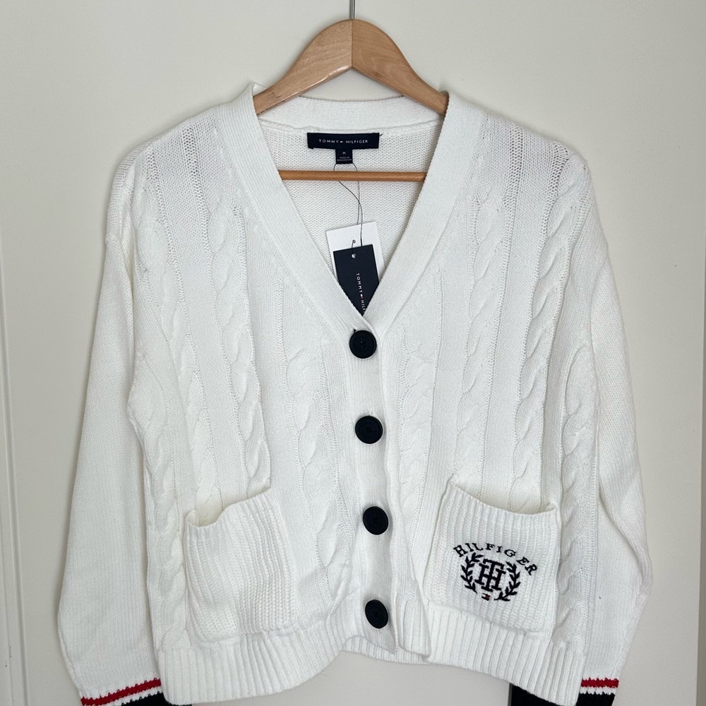 Tommy Hilfiger White Cable Knit Cardigan with Crest Patch